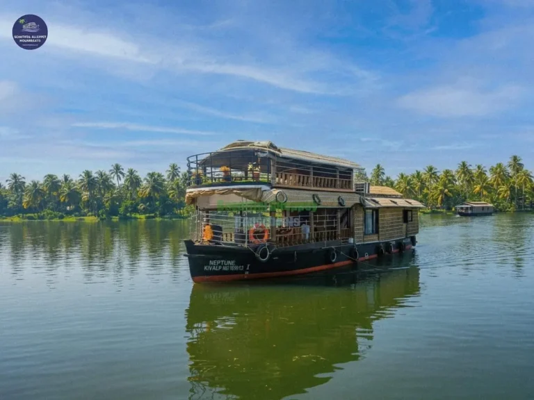 Full exterior view of Neptune traditional 1 bedroom houseboat with upper deck cruising on Alleppey backwaters (MRB01)